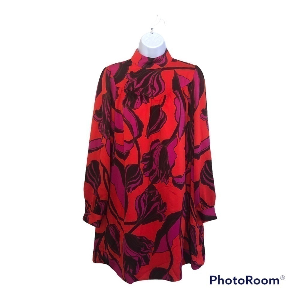 Who What Wear Bold Floral Long Sleeves Back Button Keyhole Shift Dress Size XS